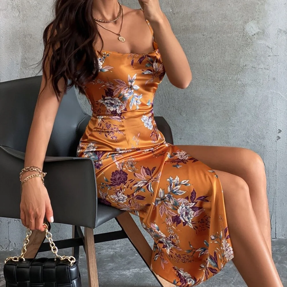 Boho Floral Tropical Print Slit Satin Dress - Picture 2 of 3